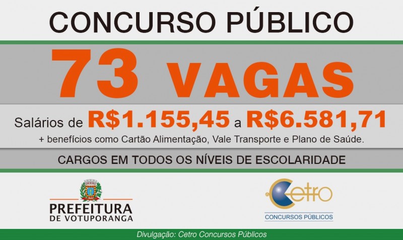 Votuporanga/ SP está com inscrições abertas para 73 vagas em Concurso Público